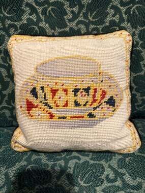 Vintage Handmade Needlepoint Teacup and Saucer Miniature Throw Pillow with Velve